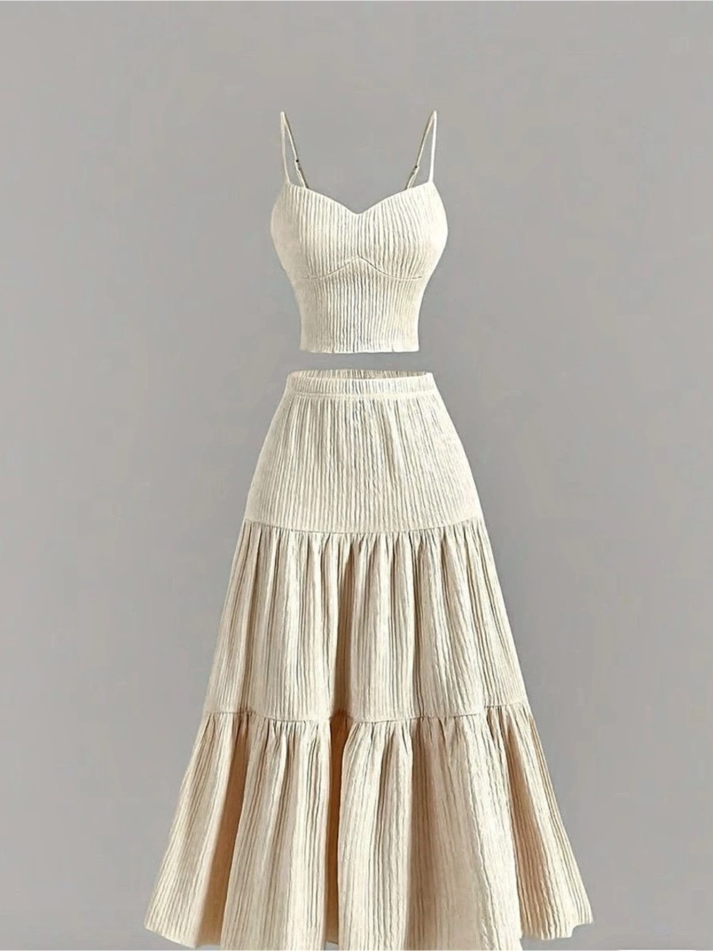Cream Ivory 2 Piece Crop Top & Tiered Maxi Skirt Set